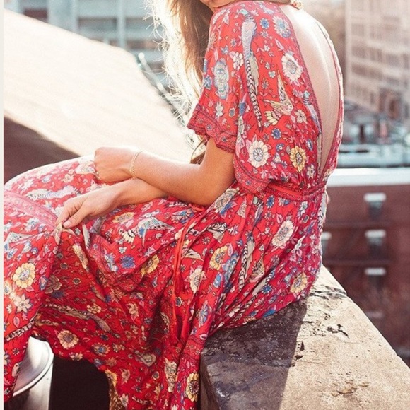 Red Lovebird Boho Floral Flare Maxi Dress W/Empire Waist Tassels&Batwing Sleeves - Picture 2 of 15